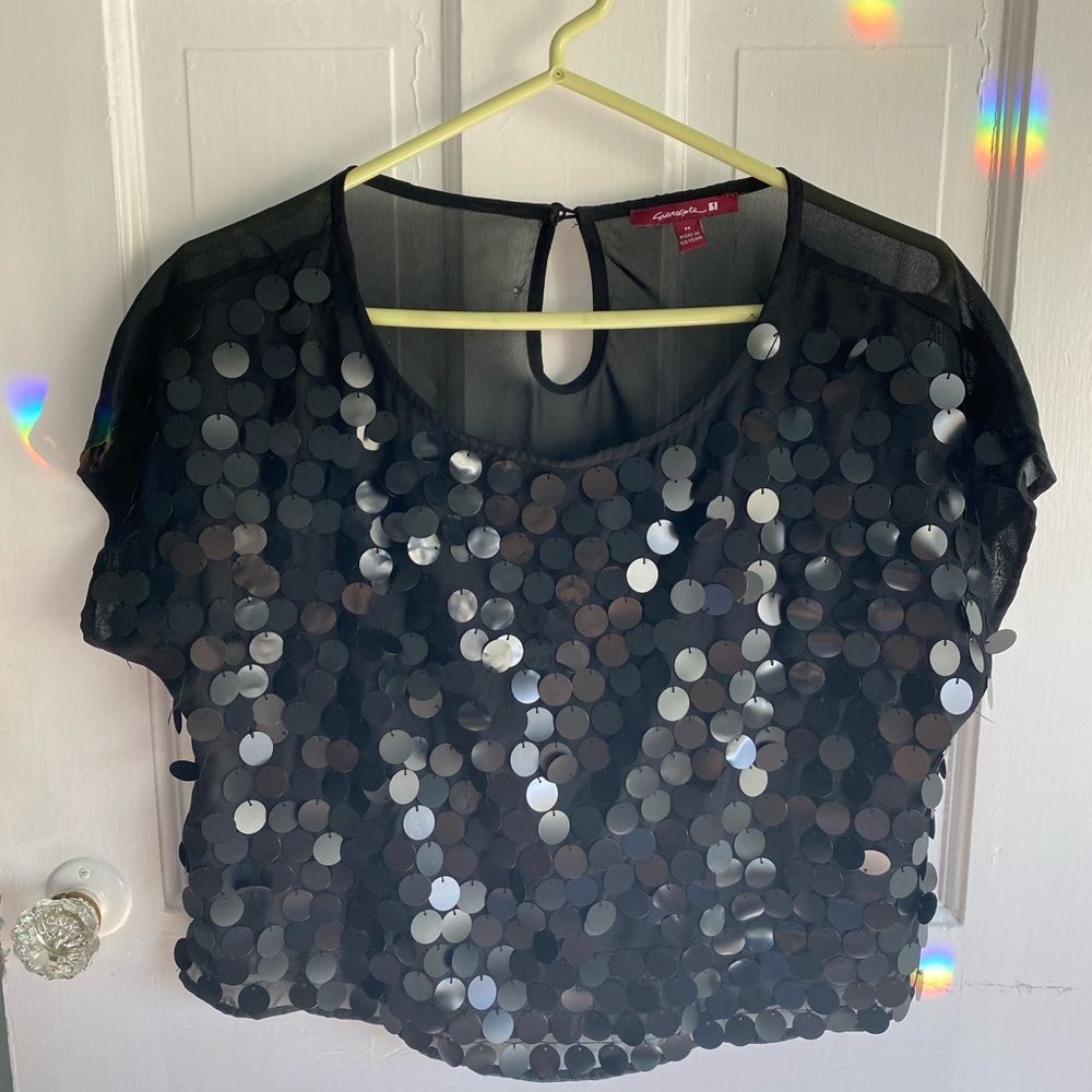 Black sequined crop top with sheer back